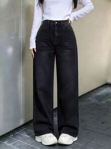 Teen Girl's Loose Fit Bow Print Denim Wide Leg Pants - Black - View 2