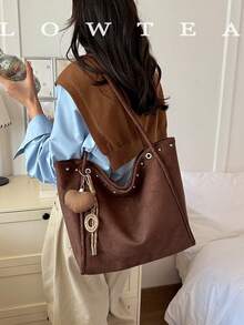 low tea 1pc Minimalist Suede Fabric Shoulder Tote Bag, Suitable For Commuting, Shopping, Etc. (With Pendant) - Coffee - View 7