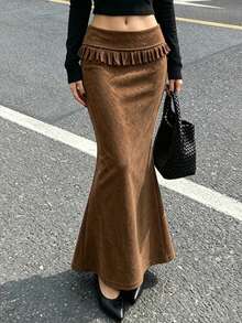 Women's Elegant Brown Polyester Tassel Long Mermaid Skirt, Autumn Casual Wear First Choice - Dark Brown - View 3