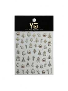 1 Sheet Christmas Nail Stickers, Gold Foil Cute Cartoon Christmas House Design, Popular Self-Adhesive Nail Art Decorations - Multicolor - View 5