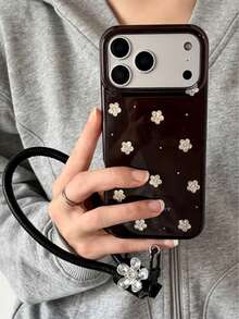 Ins Style Autumn/Winter Marrone Coffee Base With Small Silver Floral Pattern Phone Case For IPhone 18 Pro Max/17 Pro Max/16/15 Pro Max/15 Pro, Shockproof Full Coverage Protective Cover, New 17/18 Pro Max Soft Handheld Case - Dark Brown - View 1