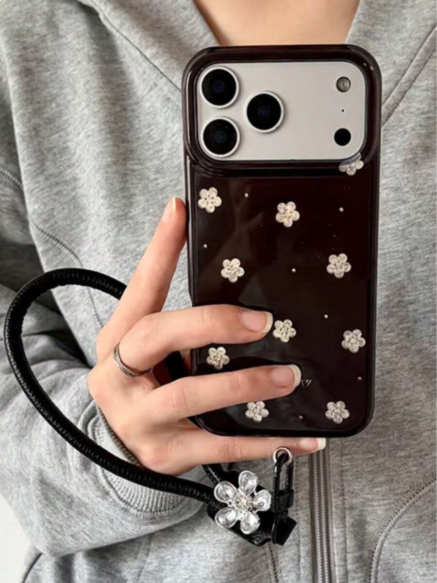 Ins Style Autumn/Winter Marrone Coffee Base With Small Silver Floral Pattern Phone Case For IPhone 18 Pro Max/17 Pro Max/16/15 Pro Max/15 Pro, Shockproof Full Coverage Protective Cover, New 17/18 Pro Max Soft Handheld Case - Dark Brown - View 1