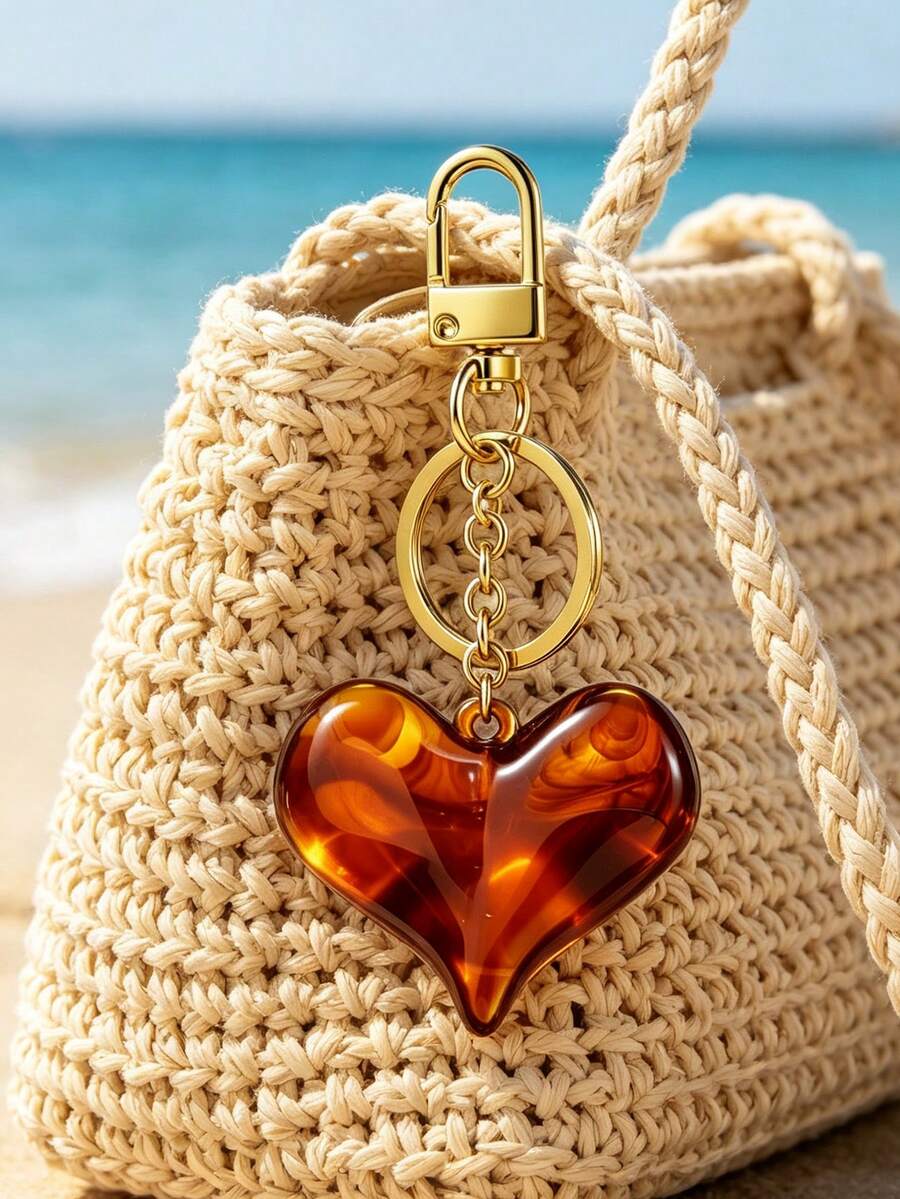 Vintage Amber Tortoise Shell Pattern Resin Heart-Shaped Keychain, Marial Brown Beaded Bag Charm - Multicolor - View 1