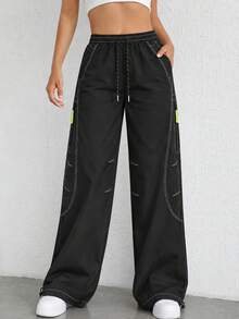 Women's Black Cargo Pants With Wide Leg, Drawstring Elastic Waist, Contrast Stitching, Zipper Pockets And Adjustable Hems - Black - View 11