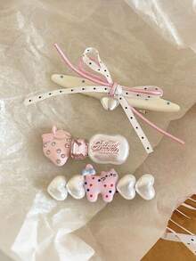 3/2pcs Cute Cartoon Blue Bear Hair Clip Set For Women, Bowknot Faux Pearl Decor Duckbill Hair Clips Hair Accessories - Strawberry - View 15