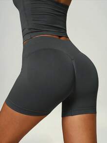 UONNOU Women's Halter Neck Ruched Cropped Top & High Waist Peach Butt-Lifting Seamless Shorts, Slim Fit 2-Piece Workout Set - Dark Grey - View 6