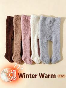 1pc Baby Girl Solid Color Plush Coral Fleece Tights, Winter Thickened Warm Leggings, Soft Infant Toddler Base Layer Tights - Multicolor - View 1