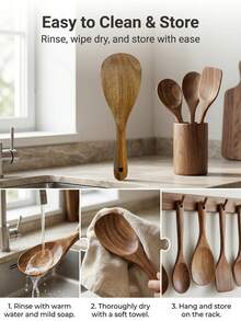 5PCS Wooden Cooking Utensils, Including Spatula, Slotted Spoon, Rice Paddle, Scraper, Soup Ladle, Wooden Kitchen Accessories, Christmas Halloween Kitchenware, Full Set Tableware, Kitchen Gadgets, Home Goods, Kitchen Accessories, Tableware Set, Kitchen Utensils, Suitable For Cooking Pots, Baking, Non-Stick Pans, Apartment Accessories, Camping Gear, Camping Essentials, Camping Supplies, Wedding Guest Favors - Khaki - View 5