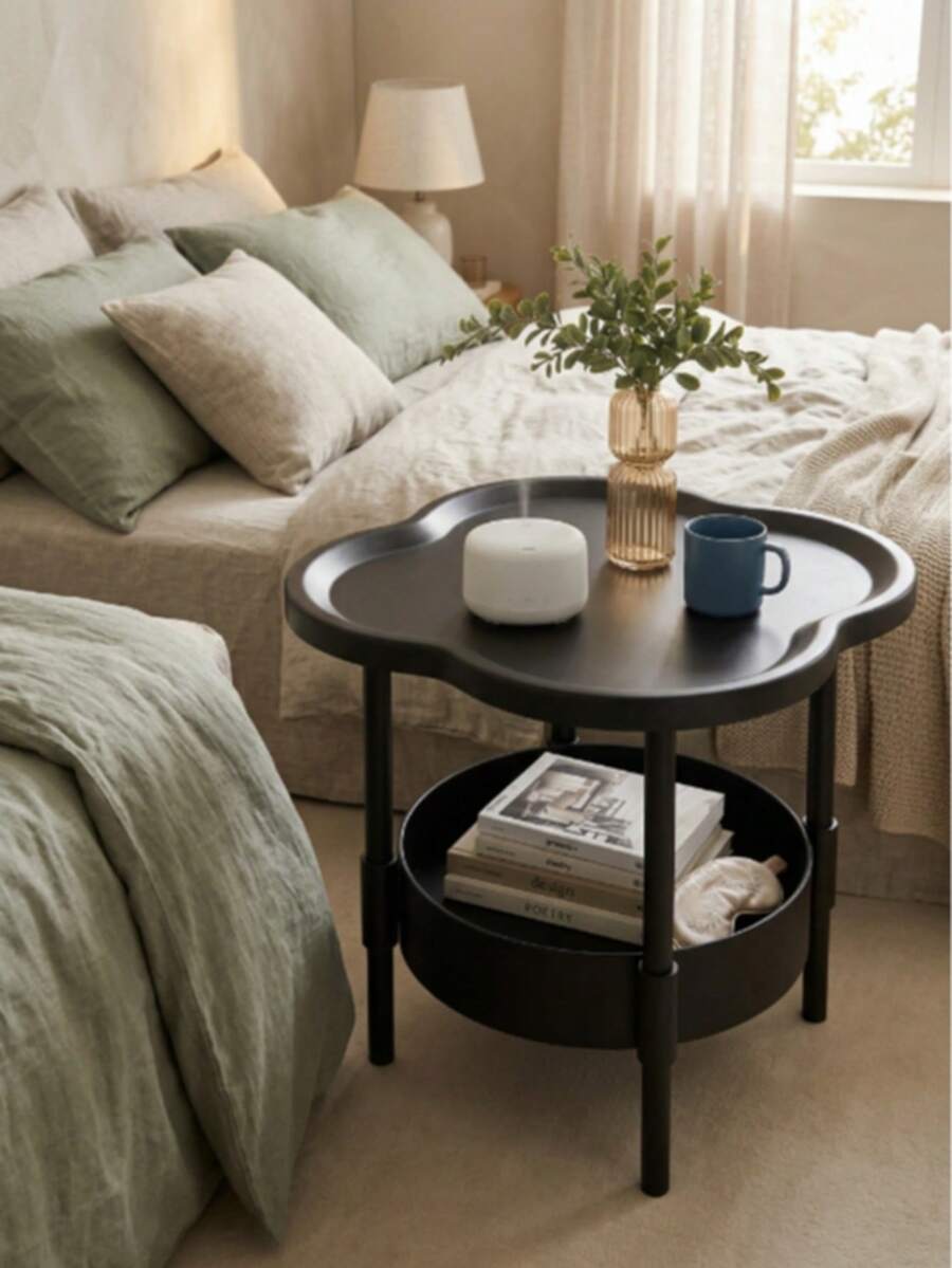 [Fashion Side Table]Minimalist Modern Plastic Side Table - Fashionable Modern Round Clover Side Table, Small Double-Layer Coffee Table With Storage Shelf | Space-Saving Clover Design Bedside Table - Suitable For Living Room, Study, Bedroom Storage And Organization - White - View 1