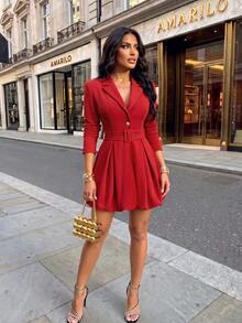 Elegant Red Blazer Dress For Women, V-Neck Long Sleeve Belted A-Line Short Dress, Perfect For Fall & Winter Outings - Red - View 8