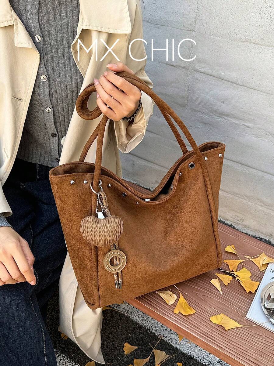 1件女款秋冬新款大容量拼色單肩托特包,時尚通勤包,適合辦公室、學校、大學、休閒穿搭 - 棕色 - 查看 1