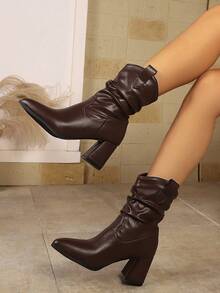 British Style V-Neck Ruched Ankle Boots Women Brown Soft Leather Pointed Toe Chunky Heel Western Boots Commute Leg-Lengthening High Heel Slouch Boots - Brown - View 8