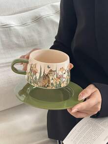 1pc French Vintage Pastoral Cat Theme Coffee Cup & Saucer, Niche Creative Ceramic Cup, Exquisite Afternoon Tea Small Cup & Saucer Set, Suitable For Restaurant, Afternoon Tea, Cafe - Multicolor - View 3