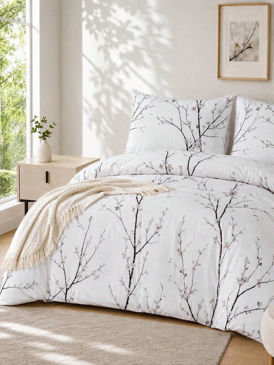 3pcs Bedding Set: 1 Quilt Cover + 2 Pillowcases, Brushed Fiber, Geometric & Botanical Print Pattern - White - View 1