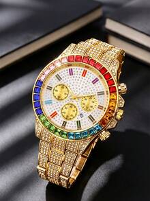 2pcs/Set Hip Hop Cuban Men's Business Watch Set, Cubic Zirconia, Holiday Gift, Daily Wear - Gold - View 3