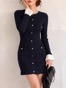 Women's Elegant Commute Contrast Cuff Front Button Slim Fit Knit Dress - Black - View 4