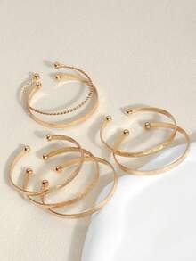 7pcs European And American Style Bracelet Set, Hammered, Arrow, Floral, Exaggerated Hexagram Design, Twist-Open Bracelets, Jewelry Gift - one-size - View 5