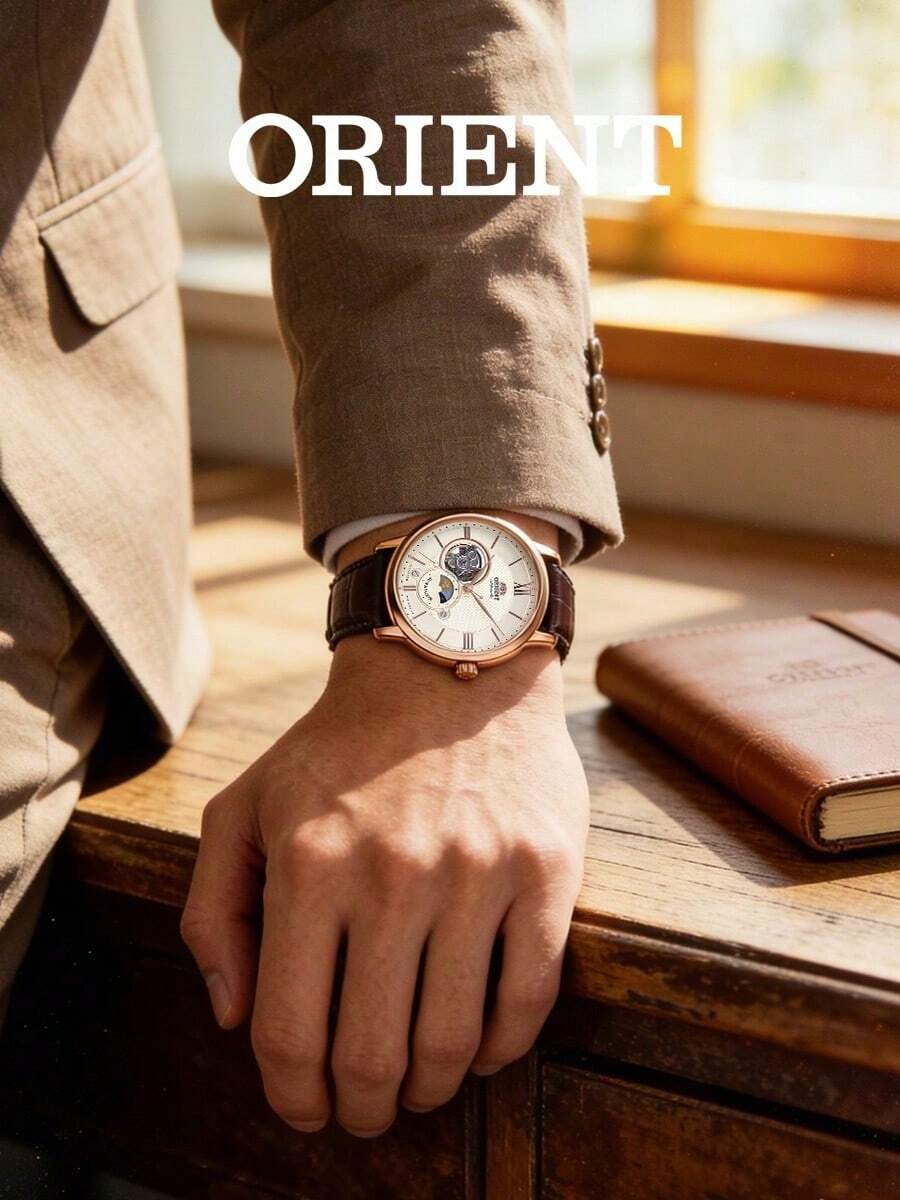 Orient Men's Rose‑Gold Tone Automatic Mechanical Watch, Cream Guilloche Dial Sun‑Moon Phase Complication Crocodile‑Embossed Brown Leather Strap Retro Watch - RA-aS0003S - View 1