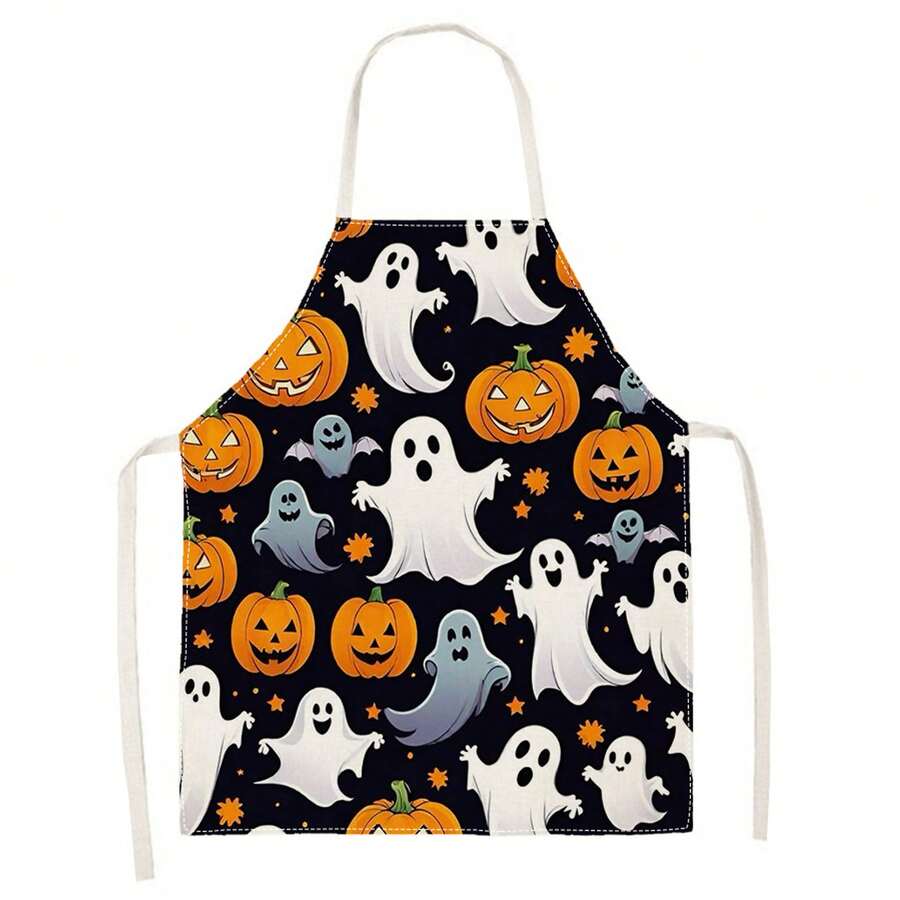 1pc Halloween Vintage Cute Ghost & Pumpkin Print Apron – Sleeveless Halter Design, Durable And Comfortable Fit, Featuring Quirky Ghost With Pumpkin Lantern And Star Pattern, Suitable For Cooking, Baking And Home Cleaning, Household Cleaning, Housework Apron, Hand-Painted Handmade Gardening Apron, Fun Holiday Gift - Multicolor - View 1
