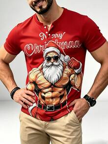 2026 New Men Red Christmas Tee, Cool Buff Santa Graphic Henley Short Sleeve Shirt, Holiday Gathering Outfit - Multicolor - View 1