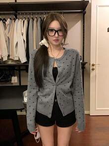 女款圓領針織開襟衫 寬鬆慵懶顯瘦短版外套上衣 - 深灰色 - 查看 3