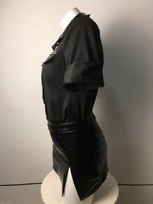 Cool All-Black Police Uniform Style Women's Set, Workwear Shirt With Patch Pocket On Chest, Leather Texture Slit Skirt, Y2K Uniform Style Nightclub Outfit - Black - View 6