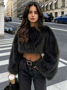 DEEKA Autumn/Winter New Women's European And American Style Fashion Minimalist Versatile Faux Fur Effect Sweatshirt - Black - View 1