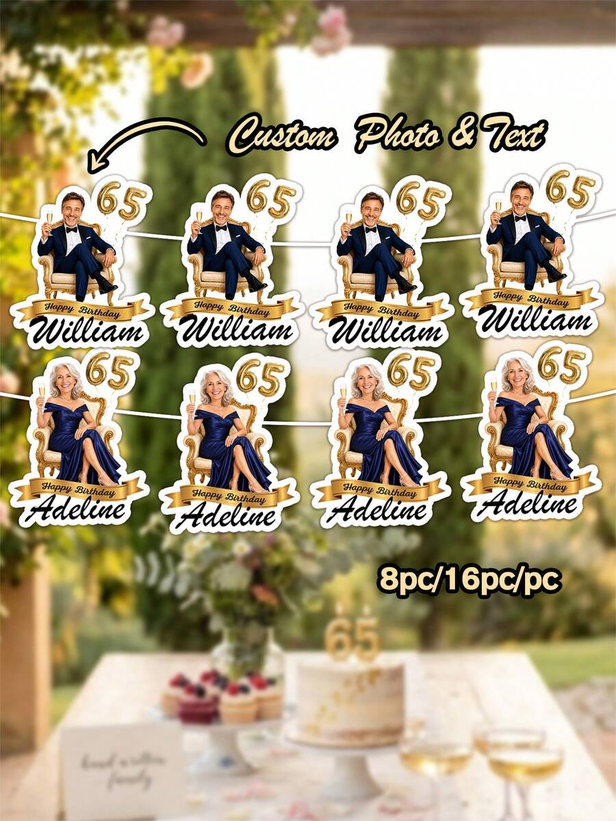 8/16/24pc Custom Photo & Text Birthday Cutout Banner, Personalized Name Age Face Photo Garland, Milestone 65th Birthday Party Decor, Custom Face Cutout Birthday Banner - Gold - View 1
