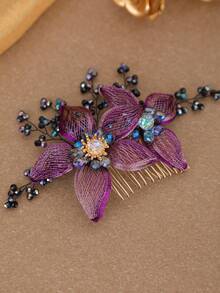 Elegant Purple Floral Hair Comb With Beaded Crystal Rhinestones, Handmade Mesh Flower Side Comb Bridal Hair Accessory For Wedding, Prom, Party, Evening Banquet, Bridesmaid - Multicolor - View 9