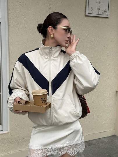 Autumn New Women's Woven Jacket Coat, Vintage Colorblock, Fashionable Stand Collar, Preppy Style, Apré Outfit Piece, Daily Commute, Sports, Multi-Style