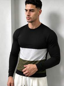ZYNTH BALENO Men's Fashion Autumn/Winter Patchwork Slim Fit Regular Shoulder Crew Neck Long Sleeve T-Shirt, Suitable For Gym, Running, Hiking - Black - View 2