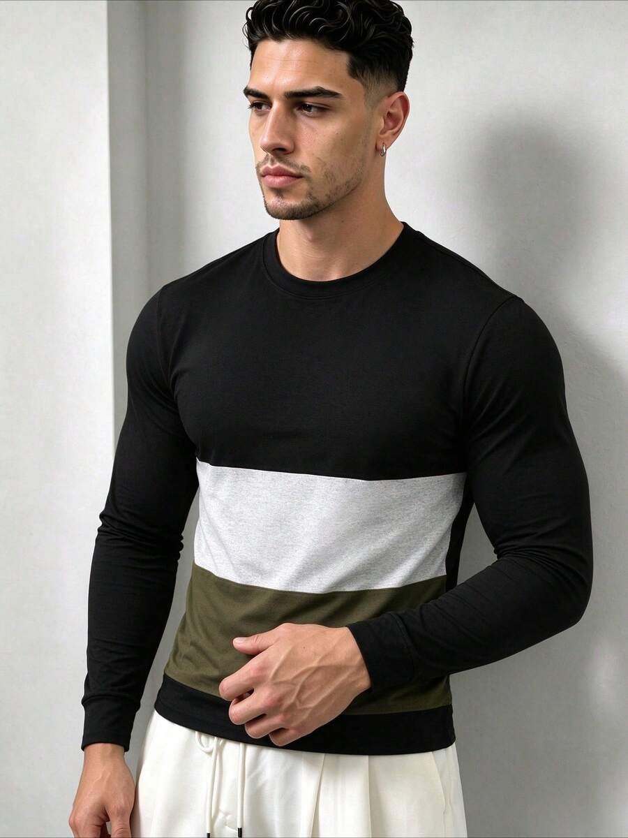 ZYNTH BALENO Men's Fashion Autumn/Winter Patchwork Slim Fit Regular Shoulder Crew Neck Long Sleeve T-Shirt, Suitable For Gym, Running, Hiking - Black - View 1