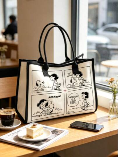 SNOOPY 1 buah Tas Tote Kanvas Motif Kartun Hitam Putih Vintage, Tas Bahu Gagang Besar dengan Trim Hitam, Tas Belanja Kasual Sehari-hari, Cocok Sebagai Tas Hadiah Natal