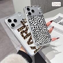 2pcs Leopard Print English Letter TPU Shockproof Full Coverage Precise Protective Case Compatible With Apple 11/12/13/14/15/16/16Pro/16ProMax/17/17pro/17ProMax/18pro 18ProMax - Multicolor - View 3