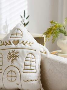 1pc Christmas Gold House Embroidered Shaped Pillowcase, Suitable For Indoor Decoration, Christmas Decoration, All Season Pillowcase, Without Insert - Gold - View 5