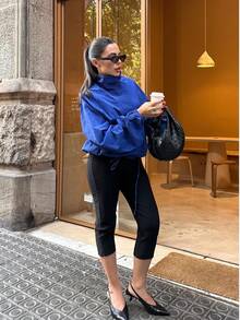 ZAHM Fall And Winter Women Stand Collar Button Down Jacket, Ruched Long Sleeve Drawstring Hem Cropped Casual Outerwear - Blue - View 2
