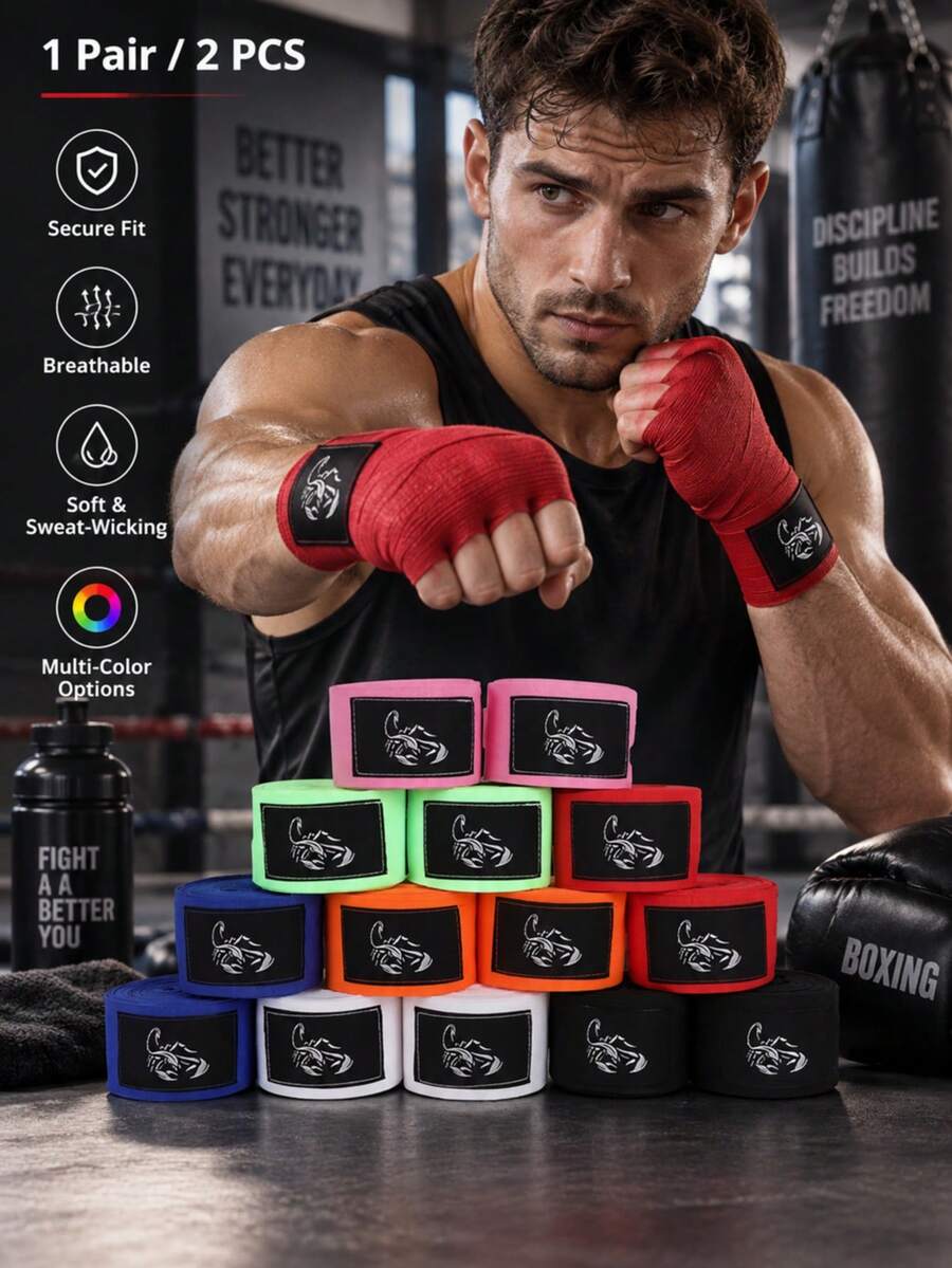 1 Pair Boxing Hand Wraps Elastic Hand Bandage, Muay Thai Combat Fighting Sanda Sports Protective Gear, Breathable And Sweat-Absorbing, Suitable For Boxing Sports, Boxing Training, Multiple Colors Available, Personalized Boxing Hand Wraps - Multicolor - View 1