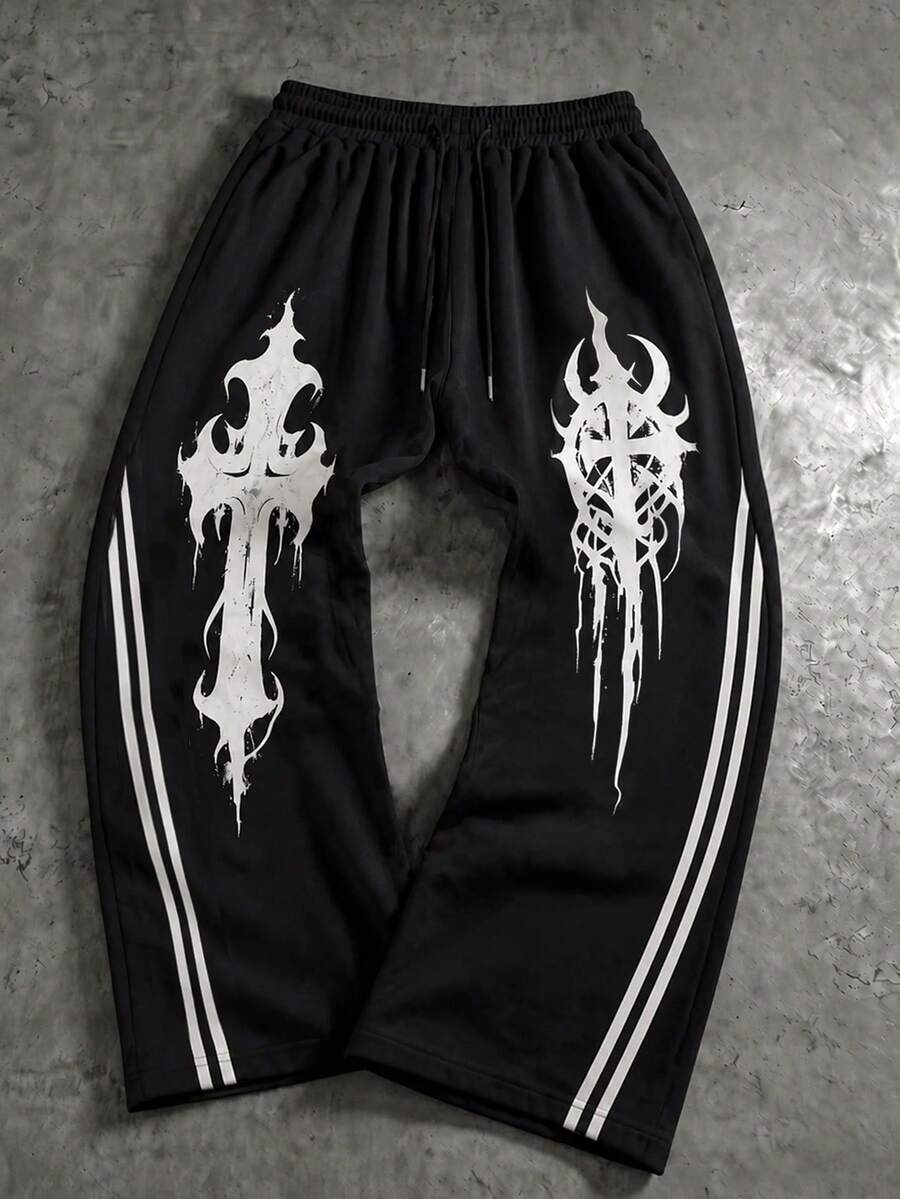 Zrgoth Men's Gothic Cross Print Side Stripe Wide Leg Sweatpants, Street Style Loose Drape Drawstring Casual Long Pants, Daily Wear Fatkun - Black - View 1
