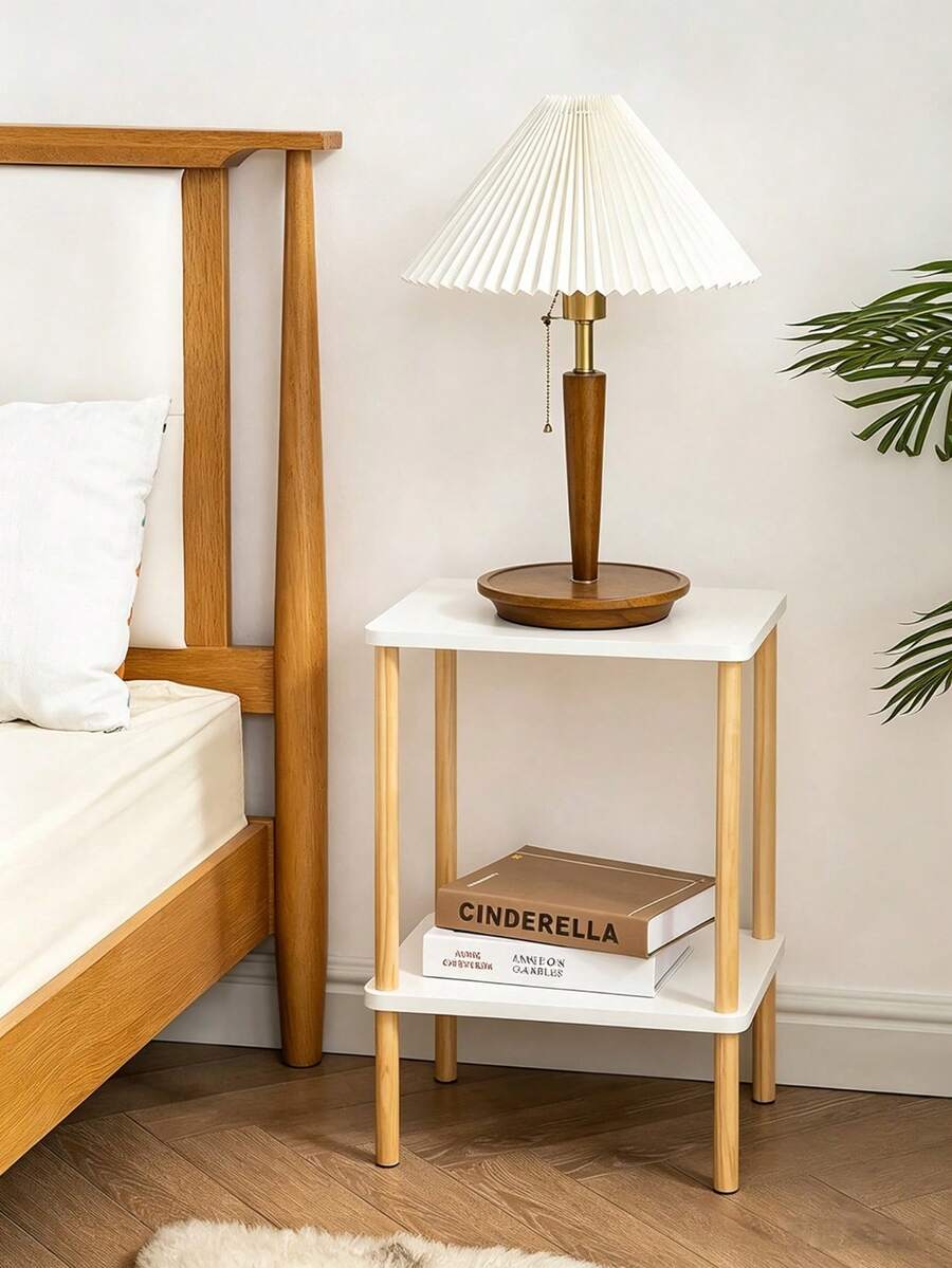 2 Tier Square Side Table, White Top Wooden Leg Small Coffee Table, Bedside & Sofa Side Storage Corner Table For Bedroom Living Room - Multicolor - View 1