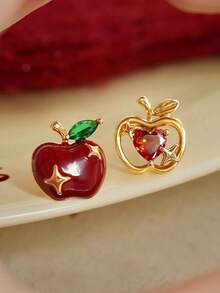1 Pair Exquisite Fashion Asymmetric Apple Shaped Earrings Suitable For Women Christmas Party Wear - Golden Yellow + Red - View 6