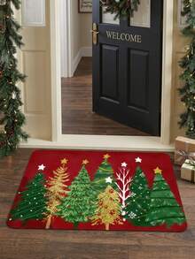 1pc 2D Flat Cute Christmas Tree Pattern Door Mat, Velvet Material, Machine Washable Comfortable Carpet, Suitable For Bathroom Decor, Bedroom Decor, Living Room Decor, Laundry Room And Other Areas, Thanksgiving/Christmas Gift - A - View 1