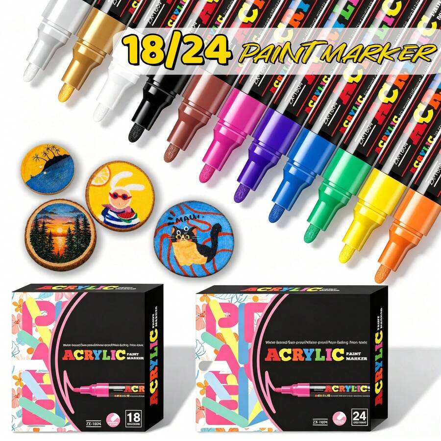 18/24 Colors Acrylic Marker Set, Water-Based Art Pens, Suitable For Glass, Canvas Painting, Wood, Ceramic, Stone Painting, Greeting Card Making And DIY Crafts