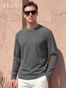 FEIAO Men's Vintage Ribbed Zip-Up Long Sleeve Polo Shirt, Suitable For Daily Commute, Loose Fit - Grey - View 5