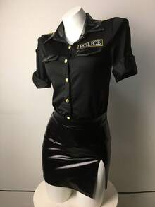 Cool All-Black Police Uniform Style Women's Set, Workwear Shirt With Patch Pocket On Chest, Leather Texture Slit Skirt, Y2K Uniform Style Nightclub Outfit - Black - View 4