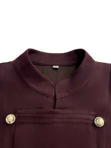 Women's Early Autumn Elegant Stand Collar Metal Button Waist-Cinching Two Pieces Set, Napoleon Style Button Design, French Relaxed Commute Date Casual Daily Wear - Dark Brown - View 5