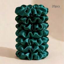 20 Buah Kombinasi Warna Solid Kain Satin Hijau Tua Halus, Ikat Rambut Satin Sutra Imitasi Gaya Mewah Ringan Sederhana - Dark Green - View 3