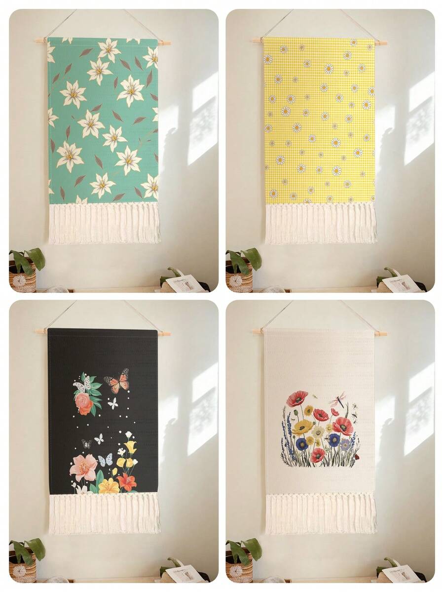 1PC Tapestry, Wall Hanging, Long Linen Vintage Tassel Tapestry, Vertical Wall Decor, Flower Print Design; Versatile For Living Room, Bedroom, Office, Party And More - Multicolor - View 1