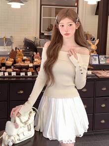 2026 Pure Desire Style Off Shoulder Folded Ribbed Knit Long Sleeve, Off-Shoulder Slim Fit Cropped Base Layer, Wide Folded Ribbed Off Shoulder Collar, High Elastic Vertical Rib Texture Slimming Sexy Cropped Top - Apricot - View 3