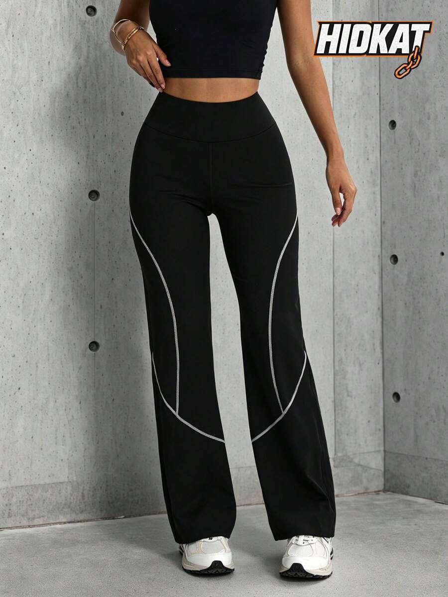 Hidkat Women's Fashion Solid Color High Waist Elastic Yoga Casual Sports Knit Long Pants - Black - View 1