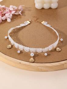 1pc/2pcs Girls Gentle Lace Choker Necklace With Faux Pearl Heart Pendant, Short Collarbone Chain Accessory, Sweet Girl Style - Multicolor - View 6